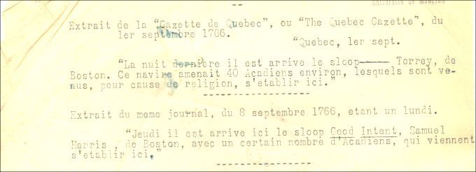 Acadians deported in New England who later returned to Québec, 1766