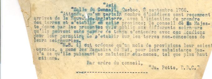 Permission granted for Acadian deportees to settle in Québec, 1766