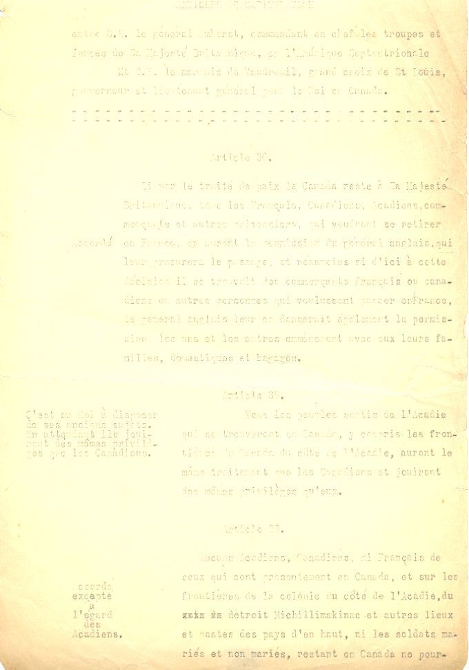 Droits accordés aux Acadiens lors de la capitulation du Canada en 1760