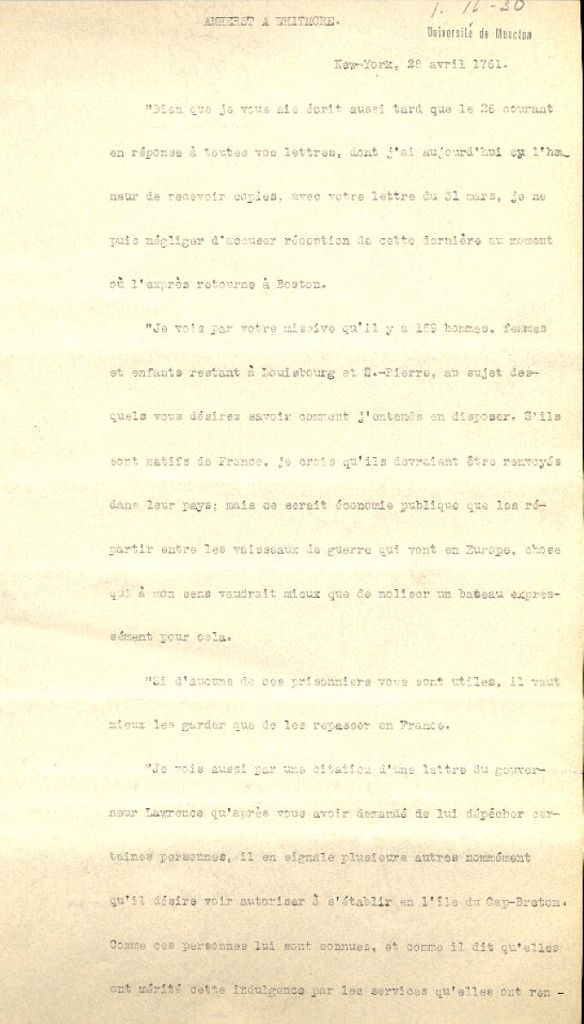 Letter from Amherst to Whitmore, 1761