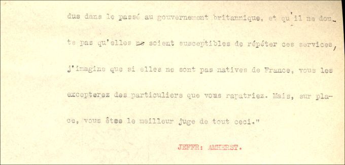 Lettre de Amherst à Whitmore, 1761