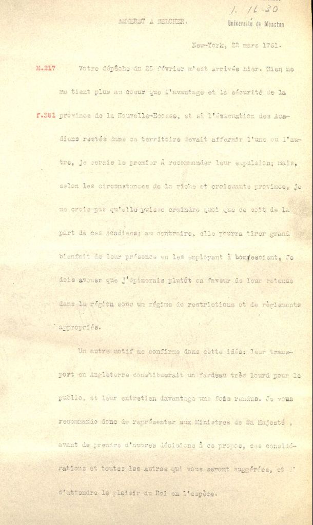 Letter from Amherst to Belcher, 1761