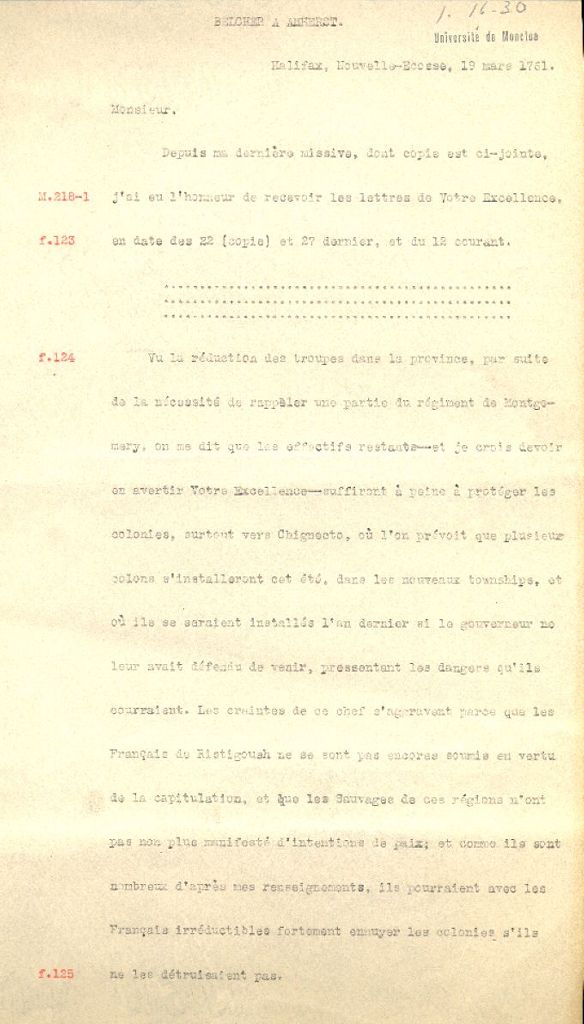 Letter from Belcher to Amherst, 1761