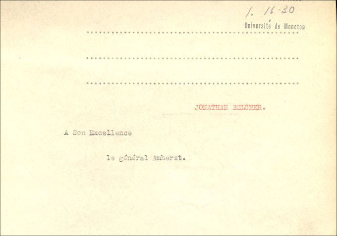 Lettre de Belcher à Amherst, 1761