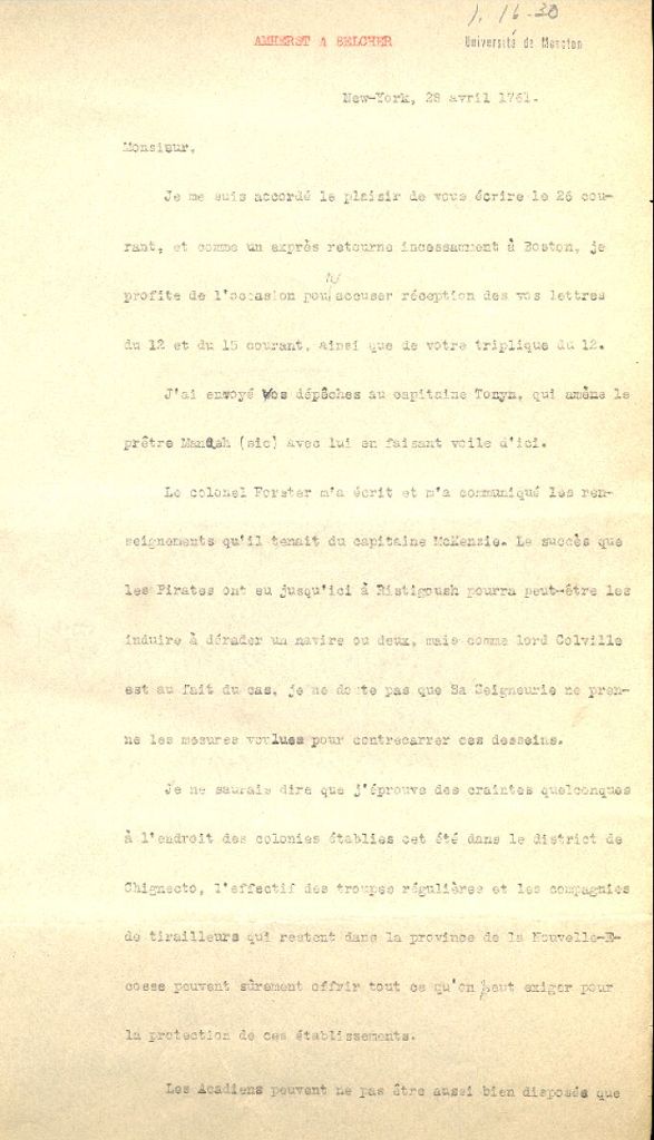 Letter from Amherst to Belcher, 1761