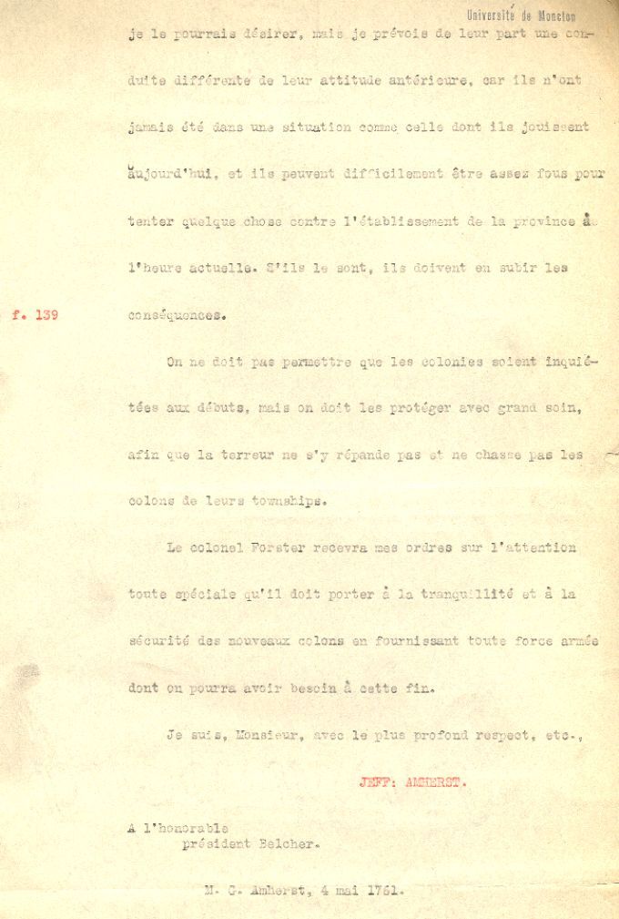 Letter from Amherst to Belcher, 1761