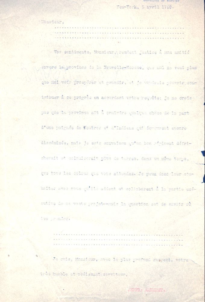 Letter from Amherst to Lawrence, 1760