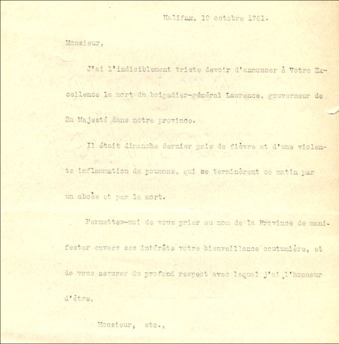 Letter from Belcher to Amherst, 1761