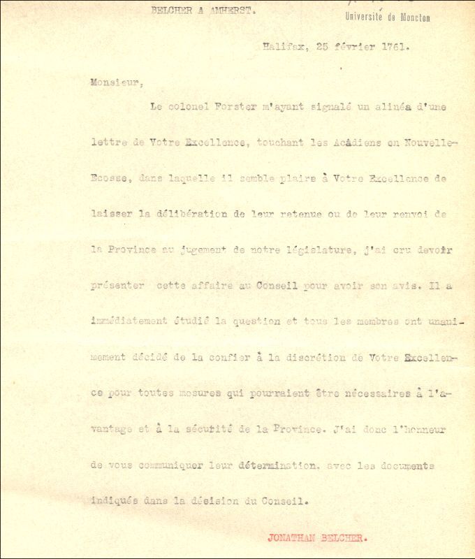 Letter from Belcher to Amherst, 1761