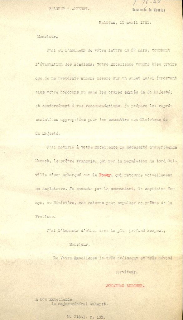 Letter from Belcher to Amherst, 1761