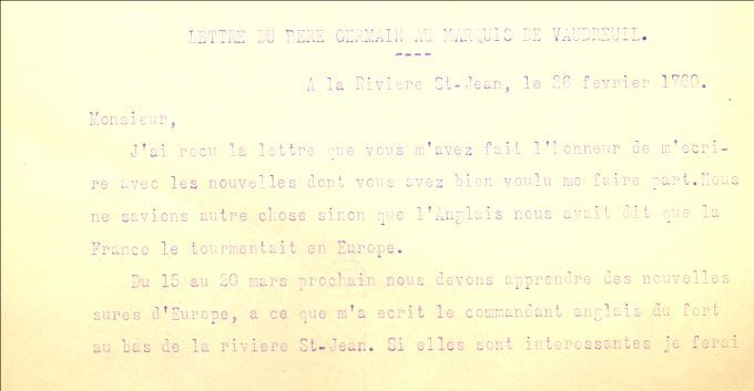 Letter from Germain to Vaudreuil, 1760