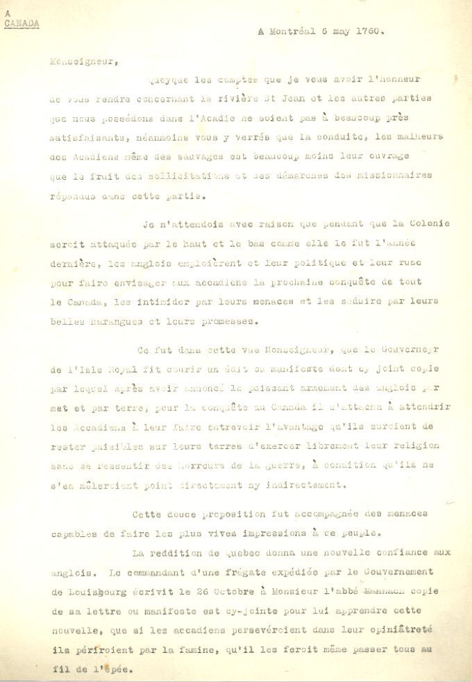 Lettre de Vaudreuil au ministre de la Marine, 1760