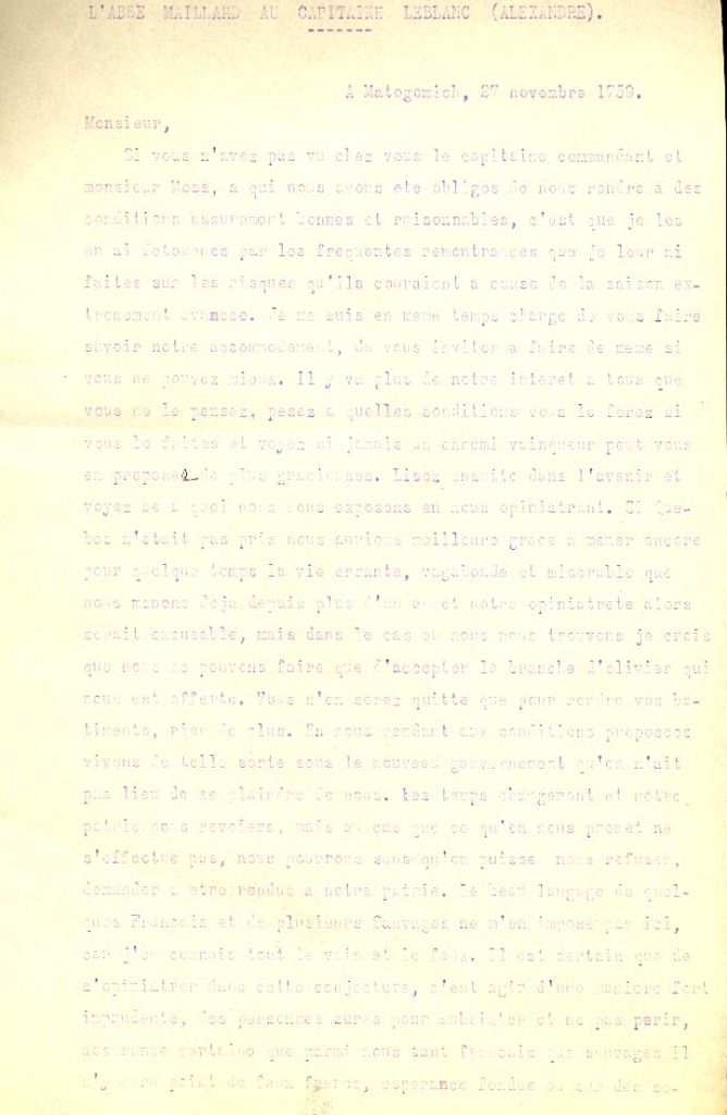 Letter from Maillard to LeBlanc, 1759