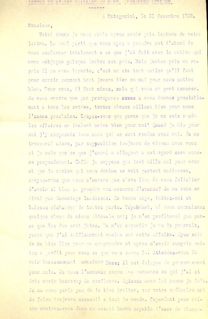 Letter from Maillard to LeBlanc, 1759