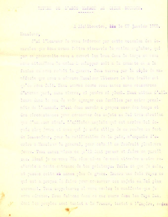 Letter from Manach to Bourdon, 1760