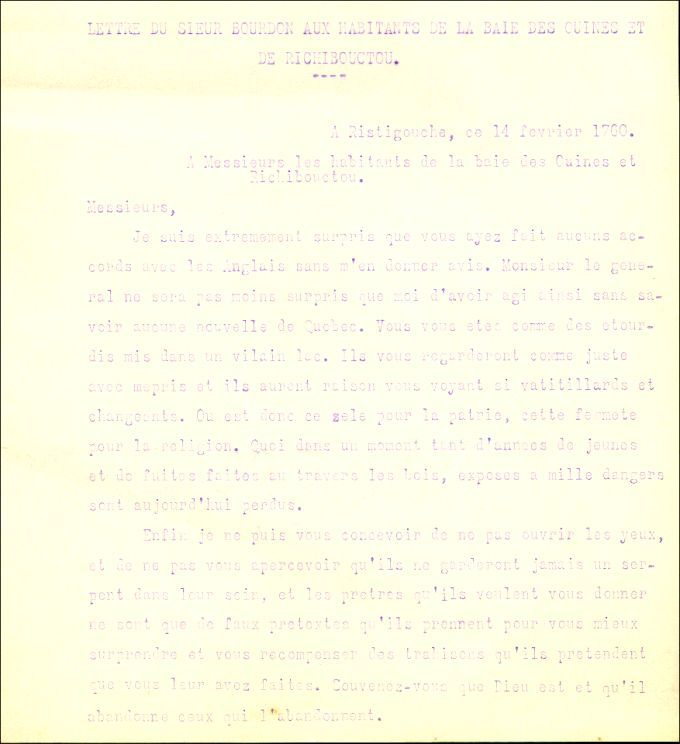 Letter from Bourdon to the inhabitants of baie des Ouines and Richibouctou, 1760