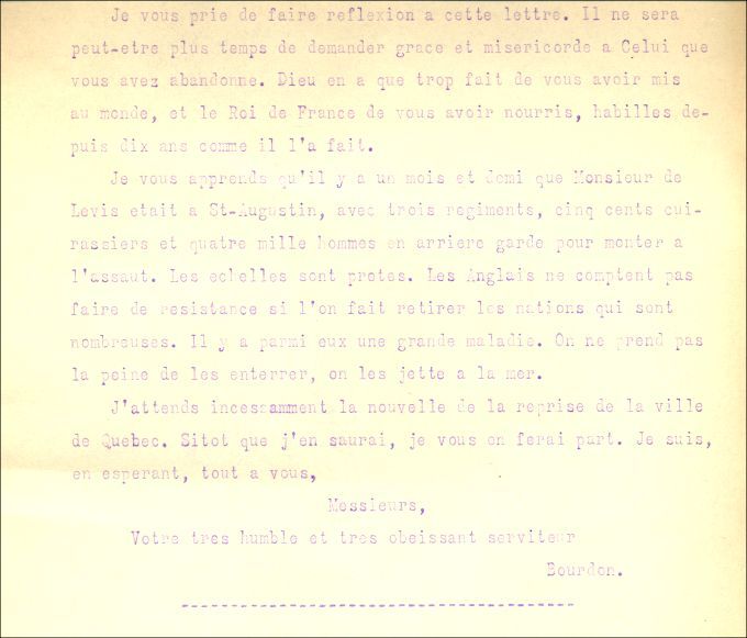 Lettre de Bourdon aux habitants de la baie des Ouines et de Richibouctou, 1760
