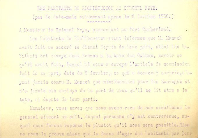 Lettre des habitants de Richibouctou à Frye, 1760