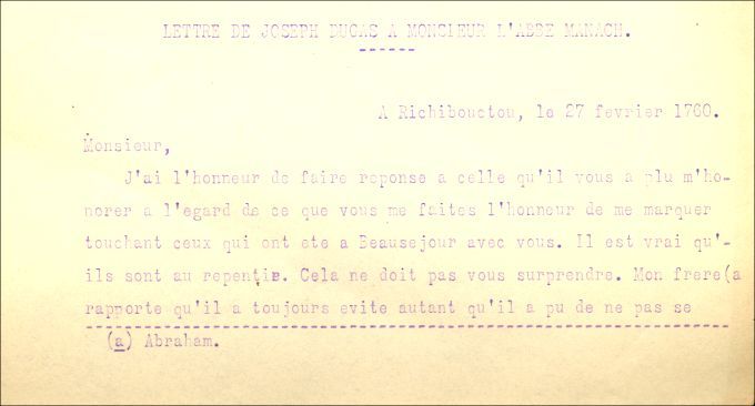 Letter from Dugas to Manach, 1760