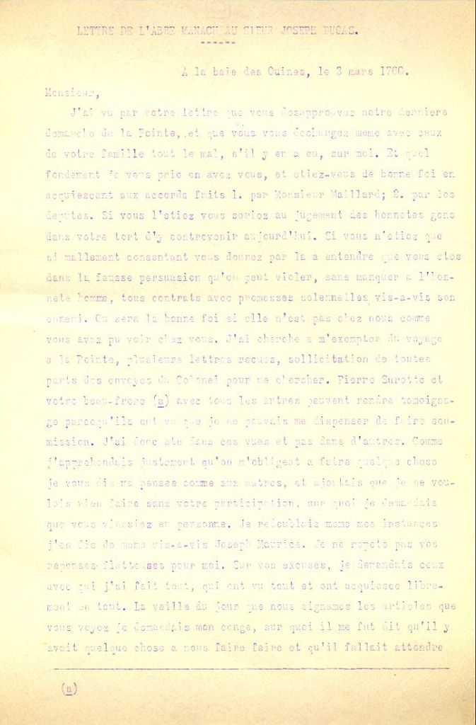 Letter from Manach to Dugas, 1760