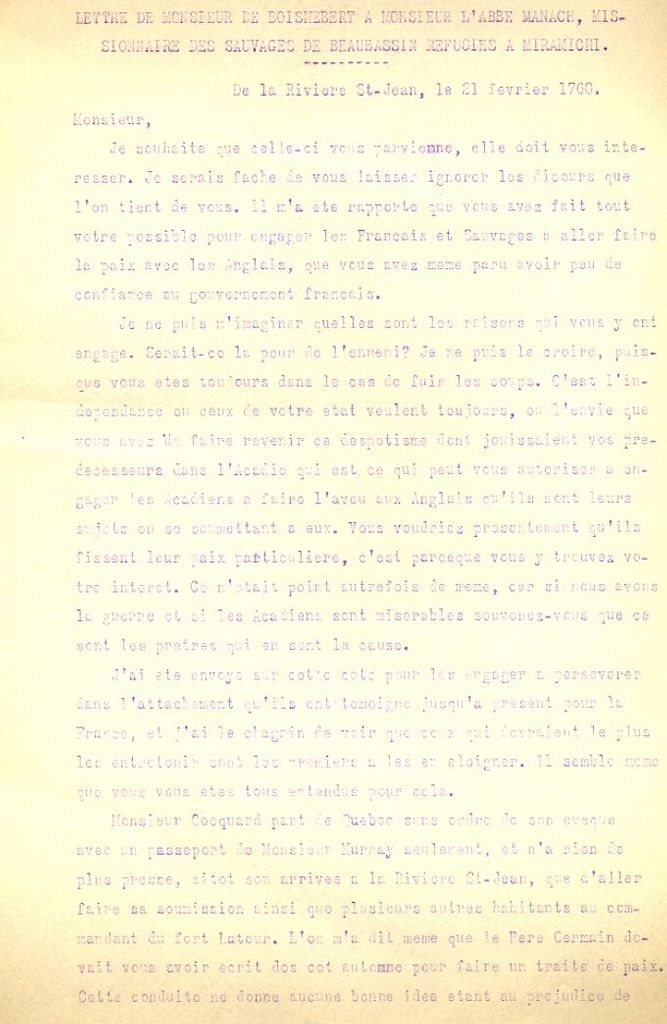 Letter from Boishébert to Manach, 1760