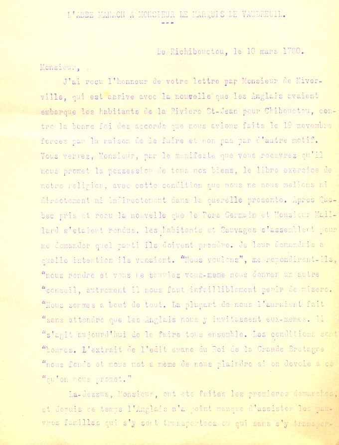 Letter from Manach to Vaudreuil, 1760