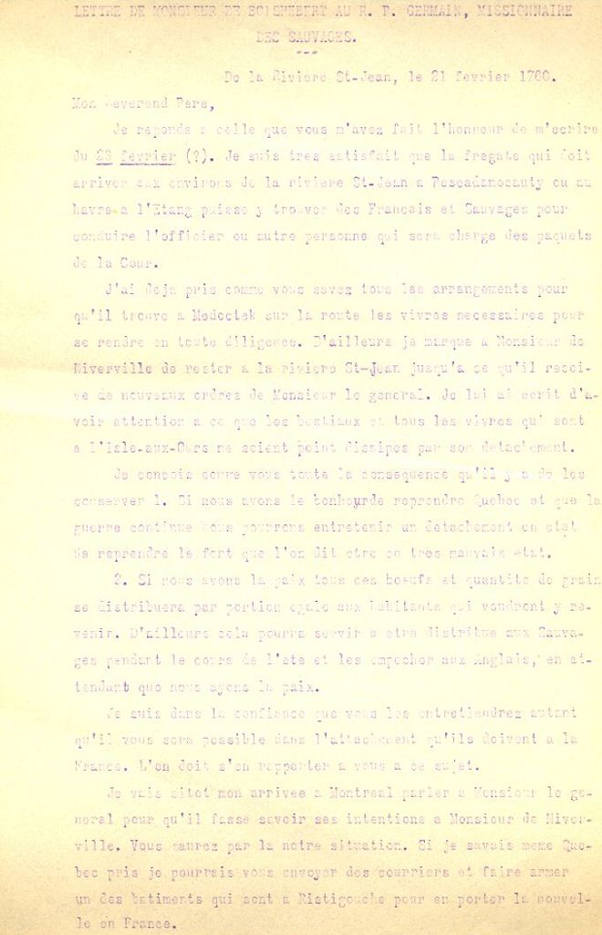 Letter from Boishébert to Germain, 1760