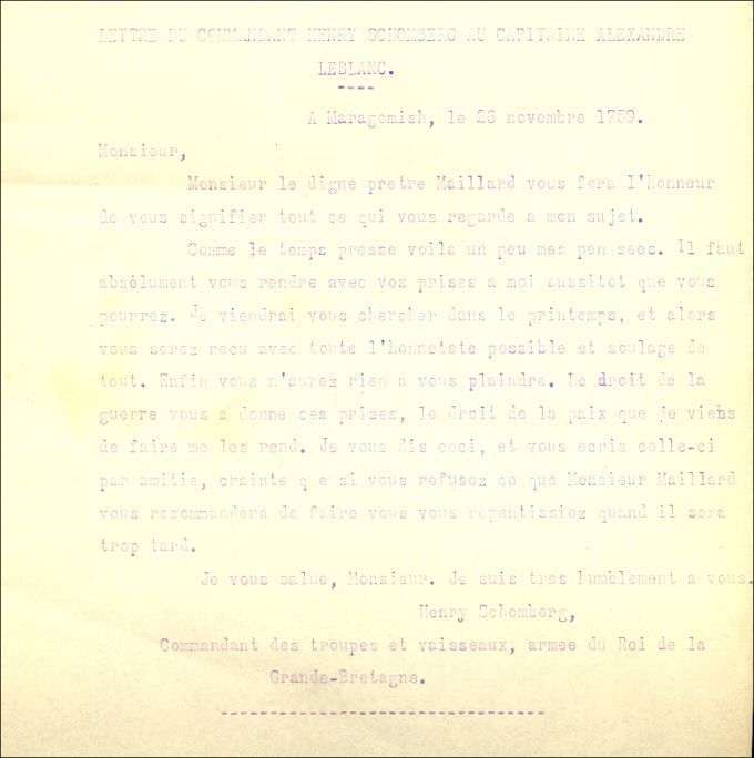 Letter from Schomberg to LeBlanc, 1759