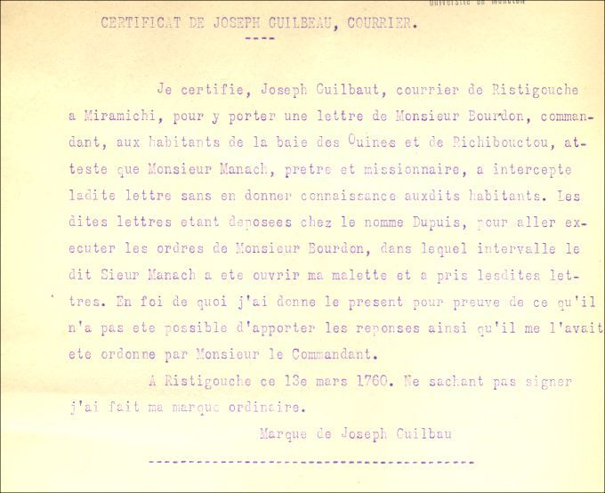 Certificate by Joseph Guilbeau, 1760