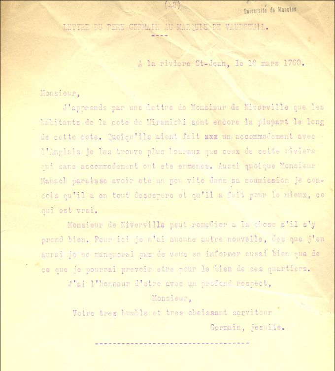 Lettre de Germain à Vaudreuil, 1760