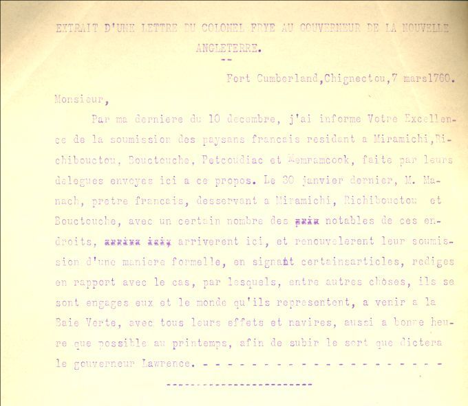 Letter from Frye to New England's [?] Governor, 1760