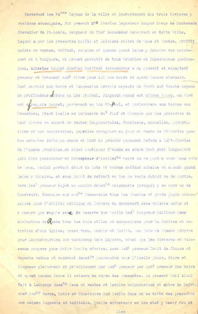 Land grant given to some Acadians, Bécancour (Québec), 1764