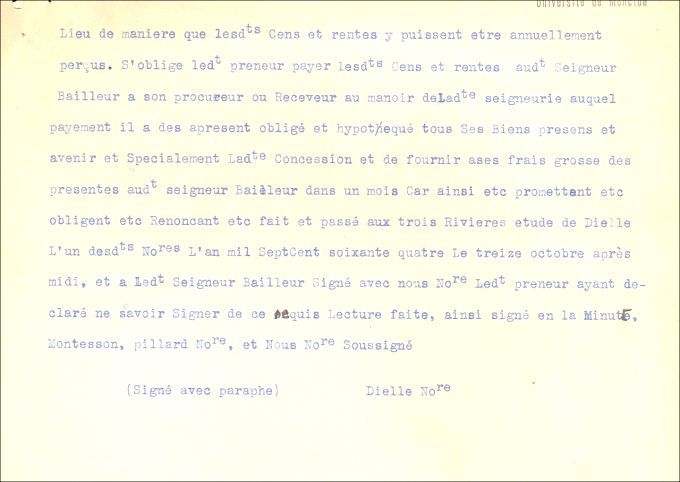 Land grant given to some Acadians, Bécancour (Québec), 1764