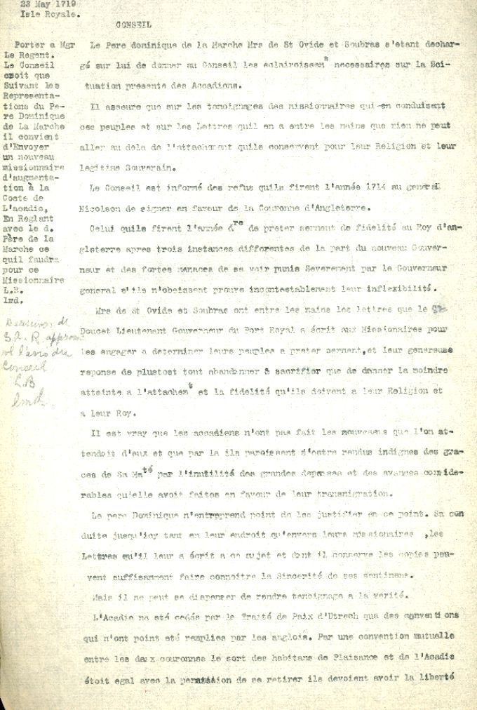 Report by father Dominique de La Marche to the "Conseil de la Marine", 1719