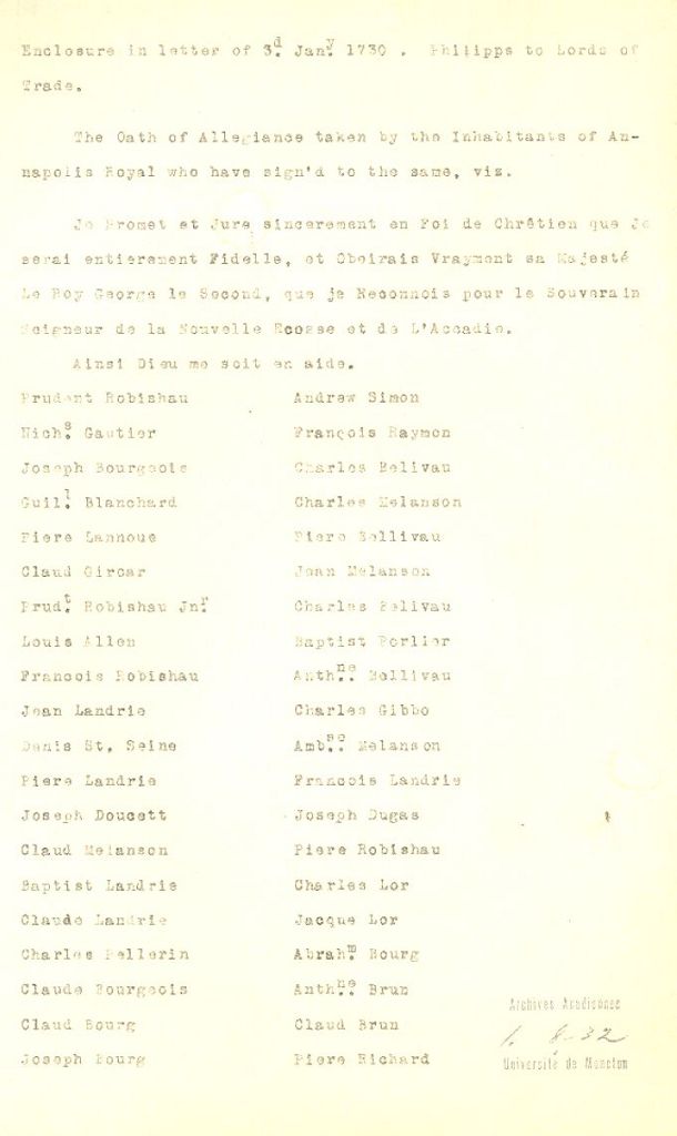 Oath of allegiance signed by the Acadians of Annapolis Royal, 1729