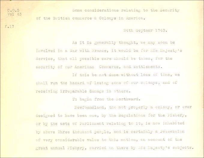 Report concerning the British colonies in America, 1743