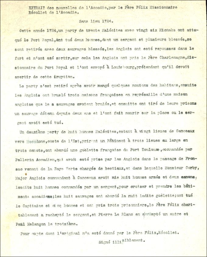 News from Acadie by Félix Pain, 1724