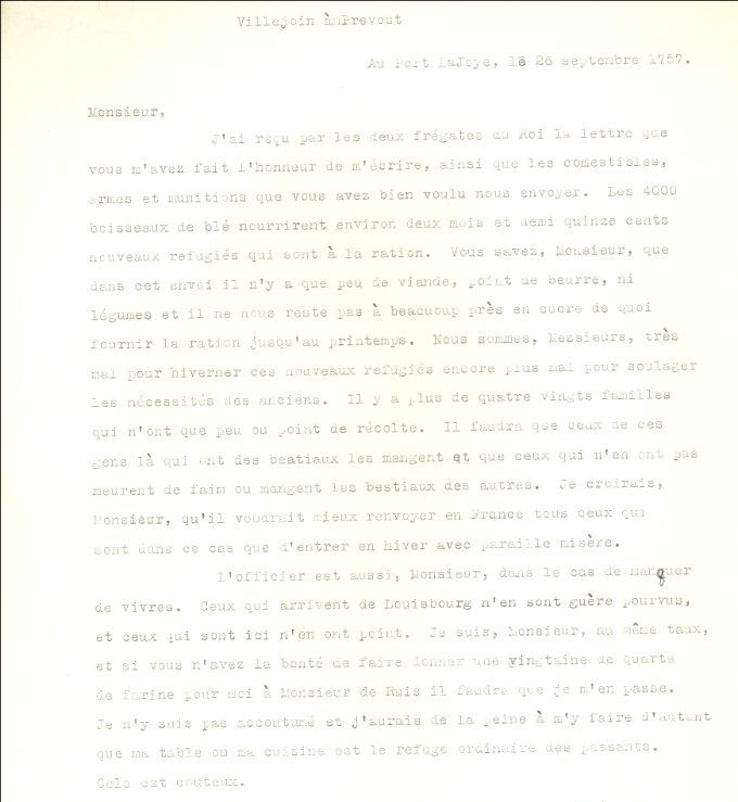 Lettre de Villejouin à Prevost, 1757