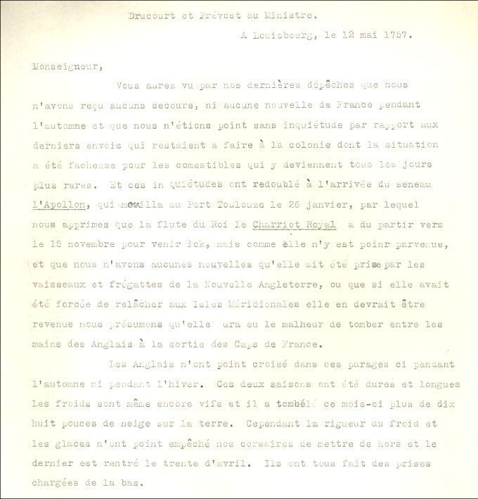 Letter from Drucour and Prevost to the Naval Minister, 1757