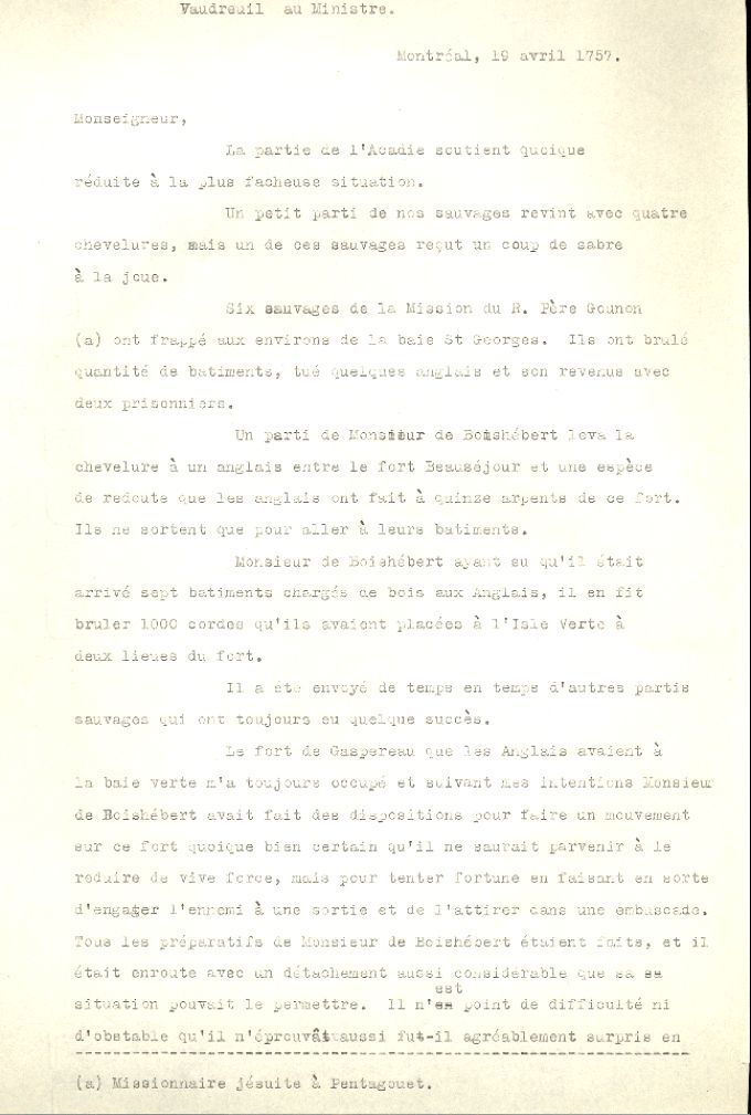 Letter from Vaudreuil to the Naval Minister, 1757