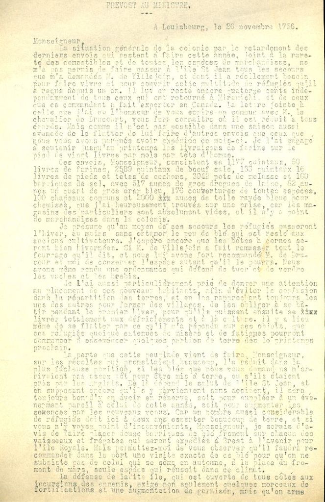 Letter from Prevost to the Naval Minister, 1756