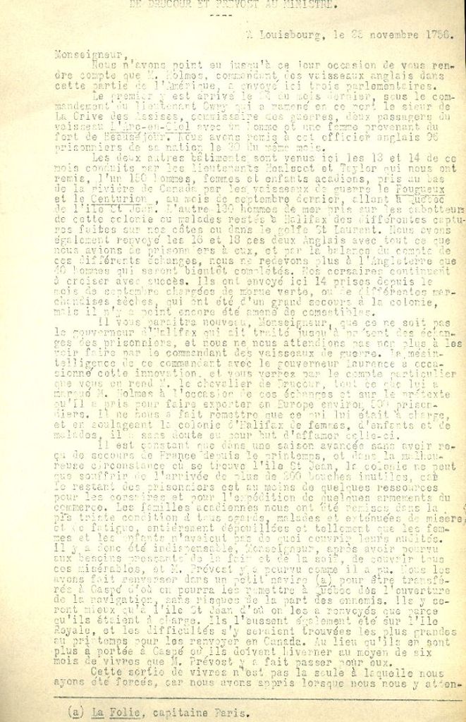 Letter from Drucour and Prevost to the Naval Minister, 1756