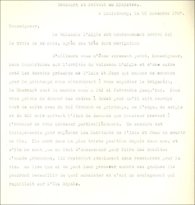 Letter from Drucour and Prevost to the Naval Minister, 1757