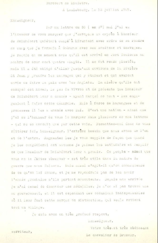 Letter from Drucour to the Naval Minister, 1757