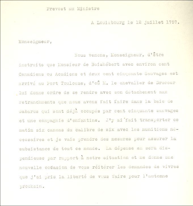 Letter from Prevost to the Naval Minister, 1757