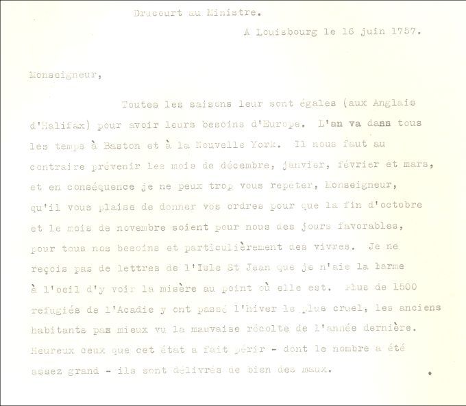 Letter from Drucour to the Naval Minister, 1757