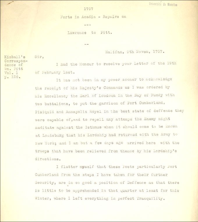 Letter from Lawrence to Pitt, 1757