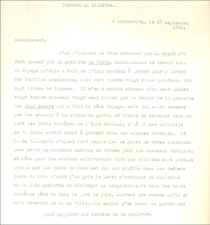 Letter from Prevost to the Naval Minister, 1756