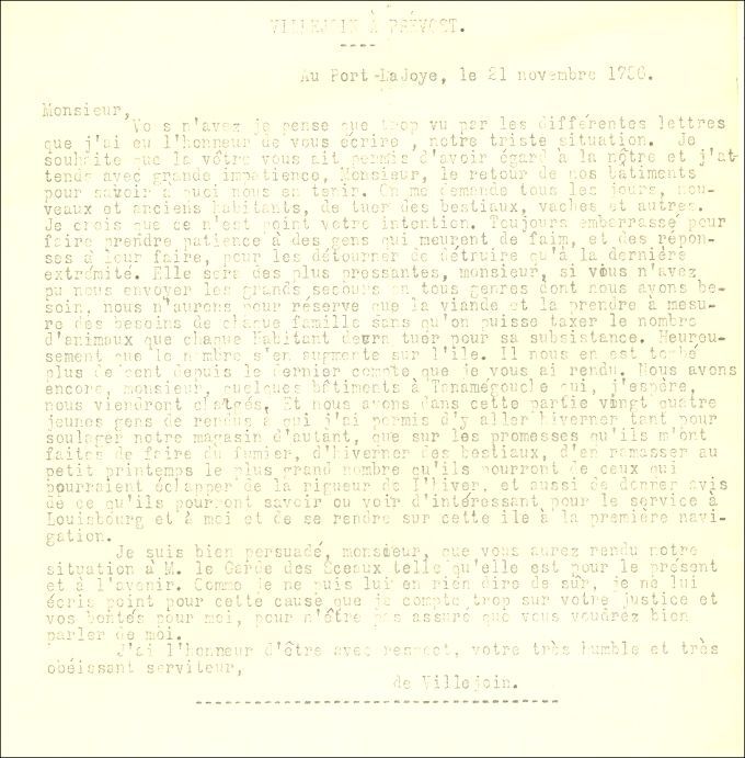 Lettre de Villejouin à Prevost, 1756