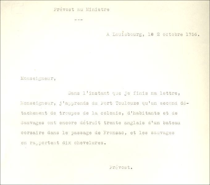 Letter from Prevost to the Naval Minister, 1756